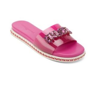 Karl Lagerfeld Paris faceted stones and metal chain Bijou slide sandals …